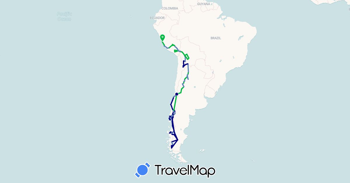 TravelMap itinerary: driving, bus, cycling, hiking in Argentina, Bolivia, Chile, Peru (South America)